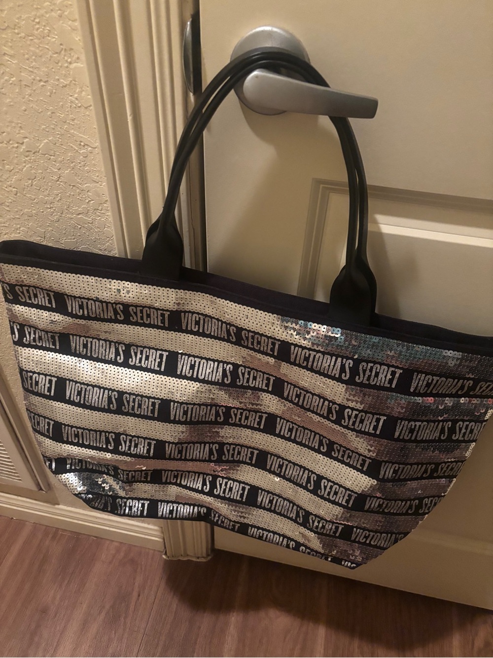 Victoria's Secret Black and Silver Sequin Logo Stripe Tote